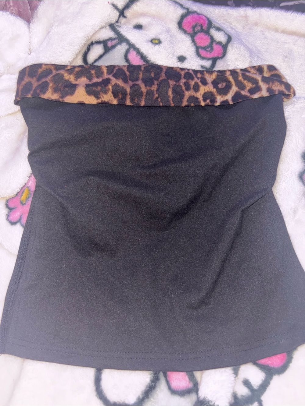 SHEIN Black Strapless Tank Top with Leopard Print Trim